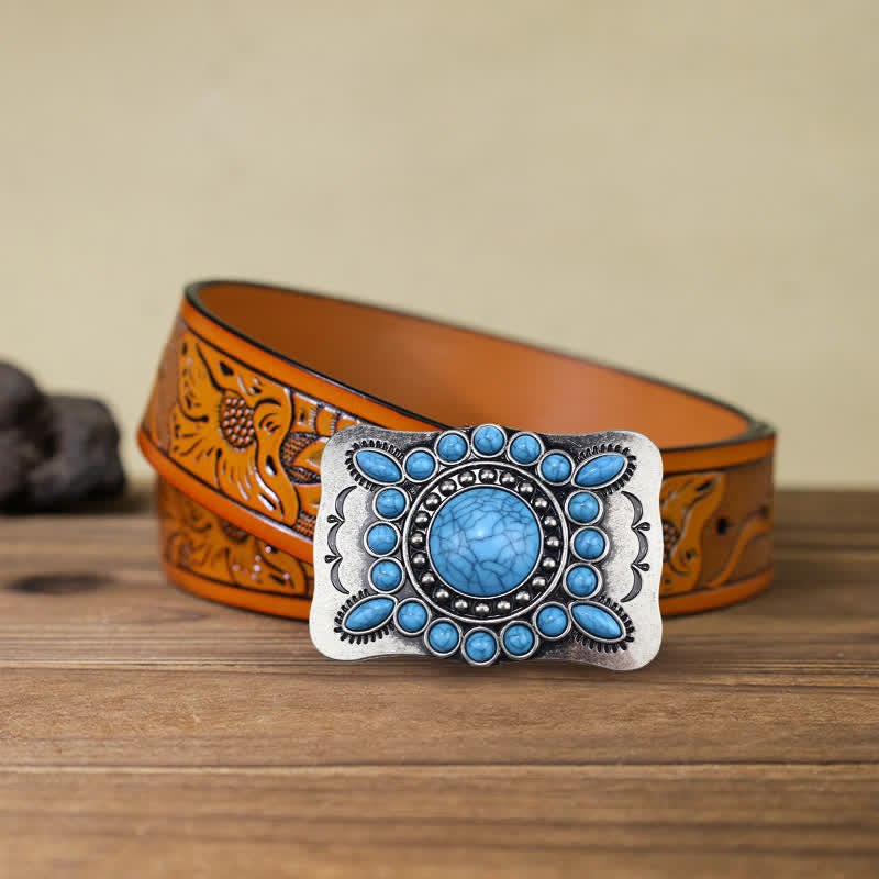 Men's DIY Rectangular Turquoise Stone Buckle Leather Belt