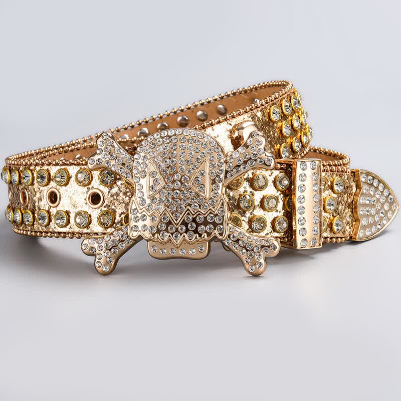 Skull Head Crystal Rhinestone Studded Leather Belt