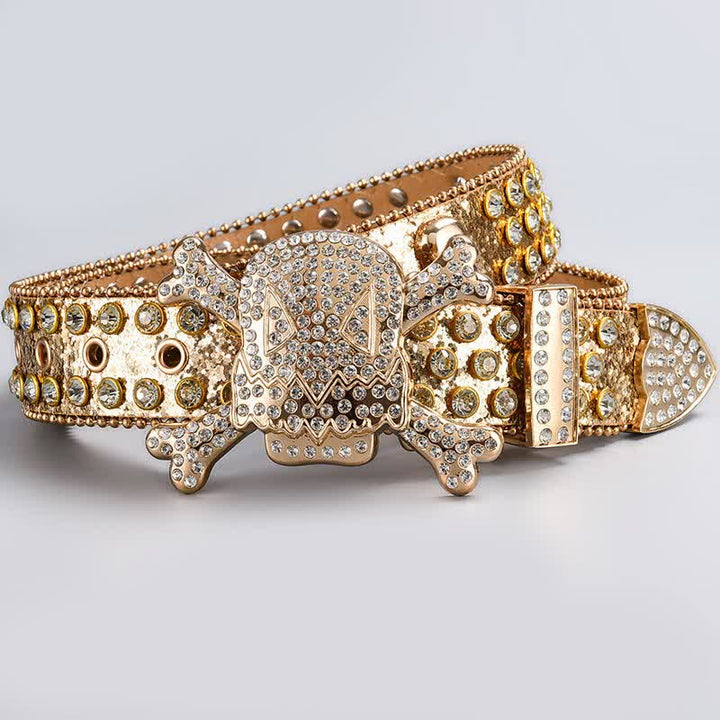 Skull Head Crystal Rhinestone Studded Leather Belt