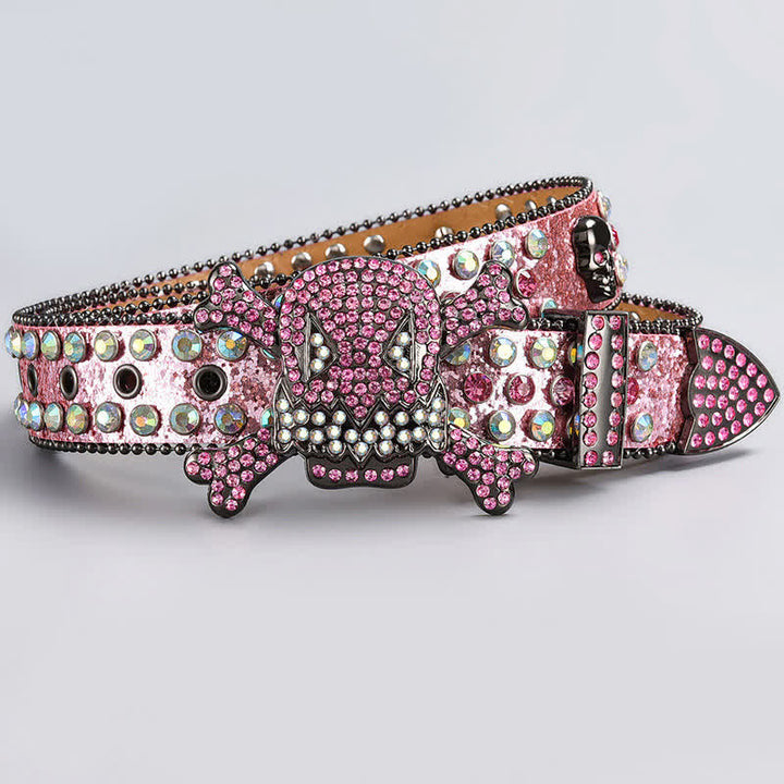 Skull Head Crystal Rhinestone Studded Leather Belt