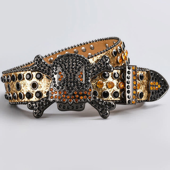 Skull Head Crystal Rhinestone Studded Leather Belt