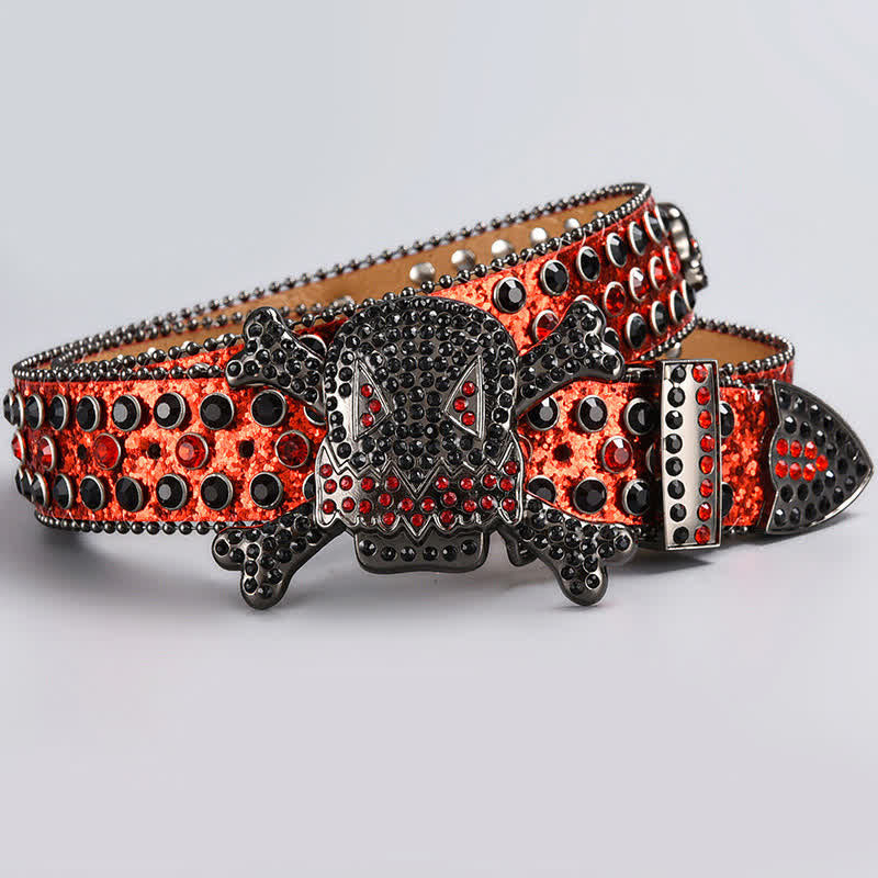 Skull Head Crystal Rhinestone Studded Leather Belt