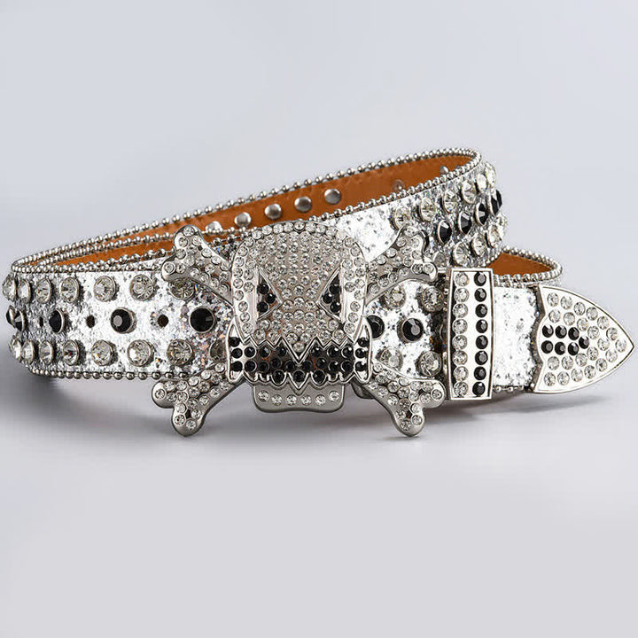 Skull Head Crystal Rhinestone Studded Leather Belt