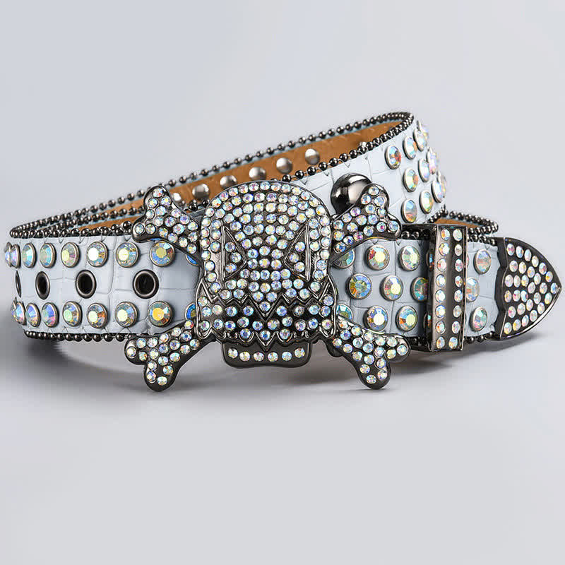 Skull Head Crystal Rhinestone Studded Leather Belt