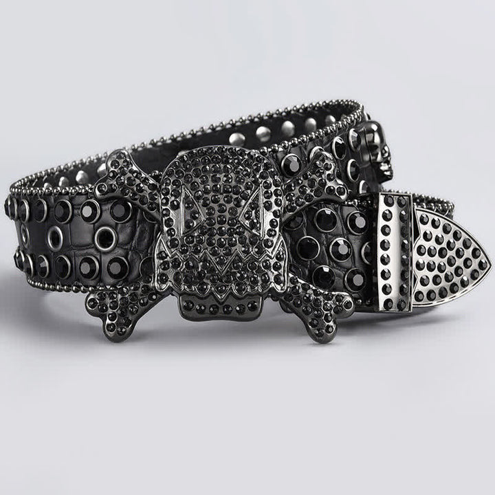 Skull Head Crystal Rhinestone Studded Leather Belt