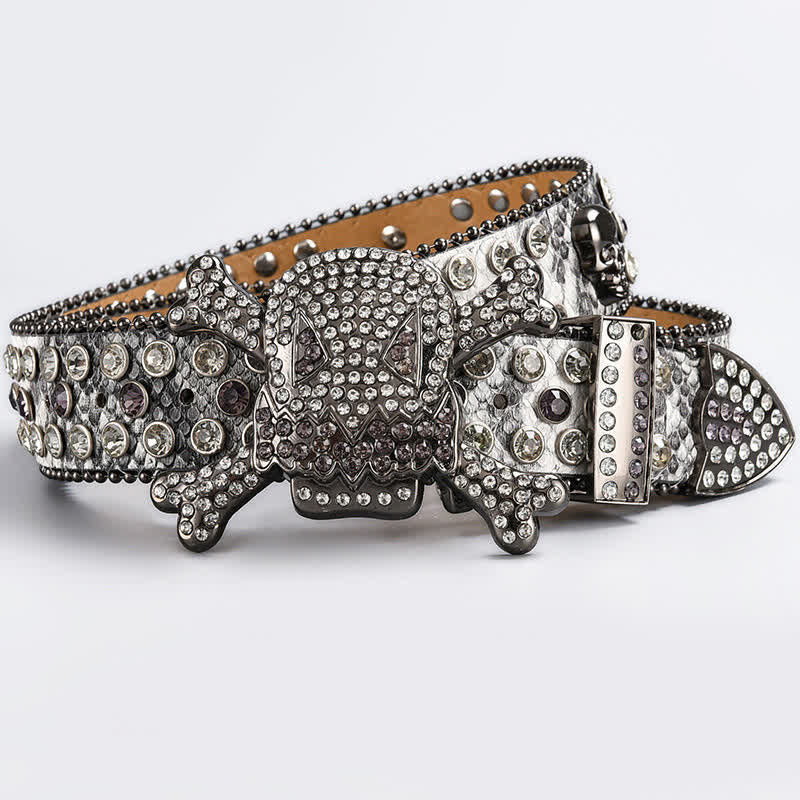 Skull Head Crystal Rhinestone Studded Leather Belt