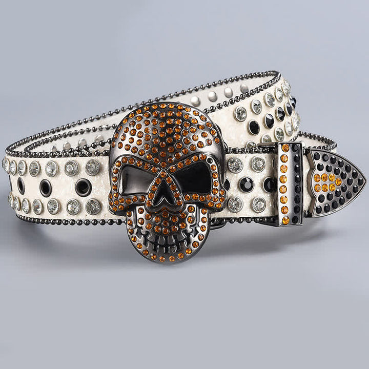 Punk Death Ghost Rhinestone Beaded Leather Belt