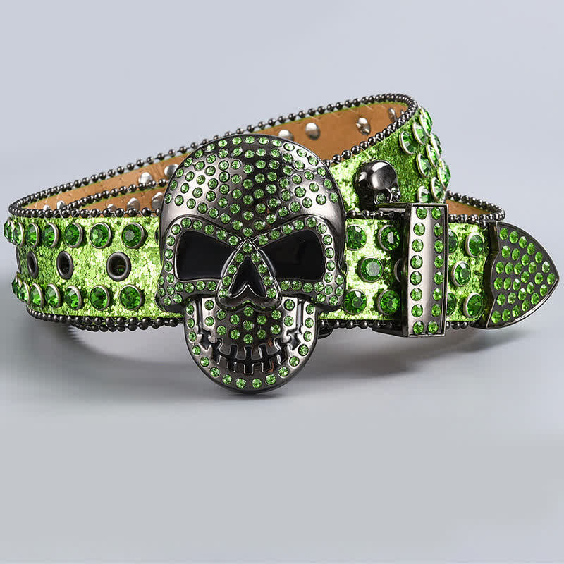 Punk Death Ghost Rhinestone Beaded Leather Belt