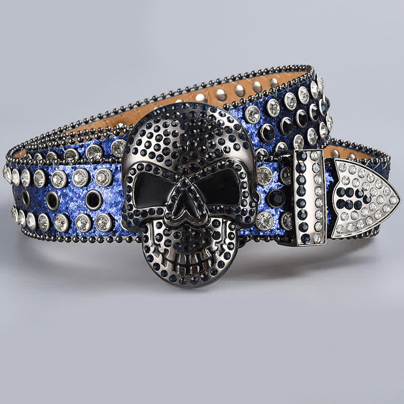 Punk Death Ghost Rhinestone Beaded Leather Belt