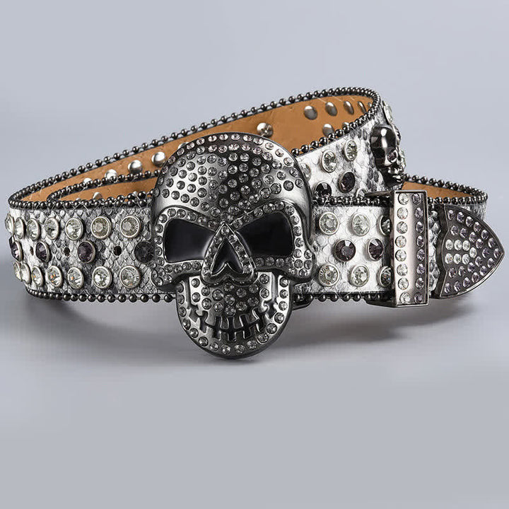 Punk Death Ghost Rhinestone Beaded Leather Belt