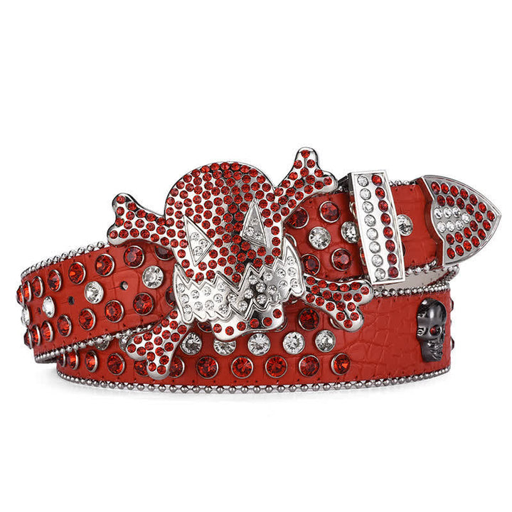 Rock Skull Rhinestone Beaded Decor Leather Belt - Red - 46 - image 3