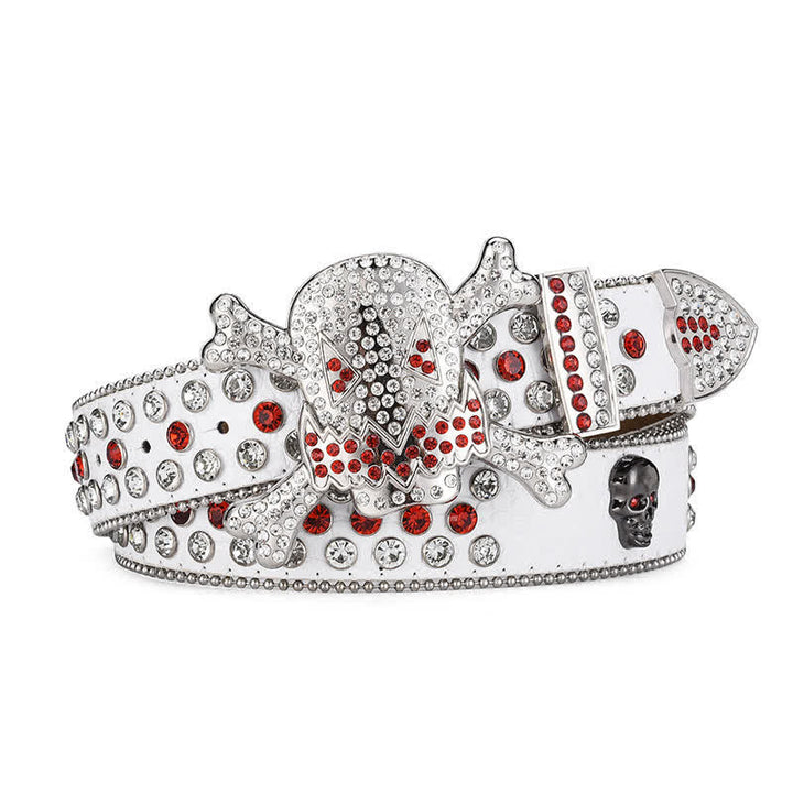 Rock Skull Rhinestone Beaded Decor Leather Belt - White - 46 - image 2
