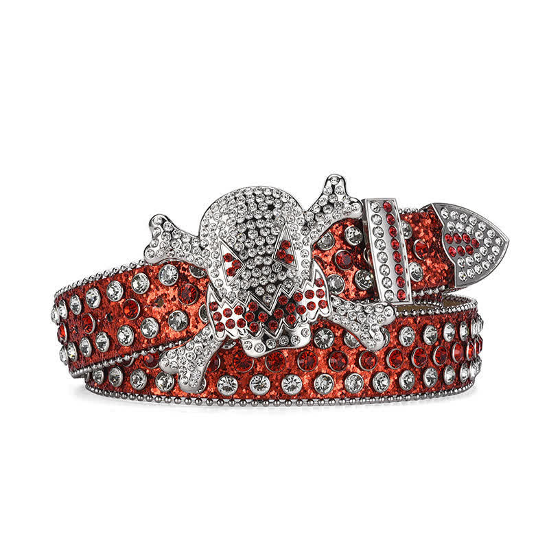 Rock Skull Rhinestone Beaded Decor Leather Belt