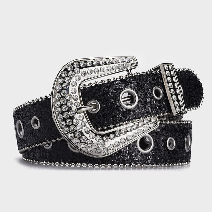 Dazzling Sequin Rhinestone Buckle Leather Belt