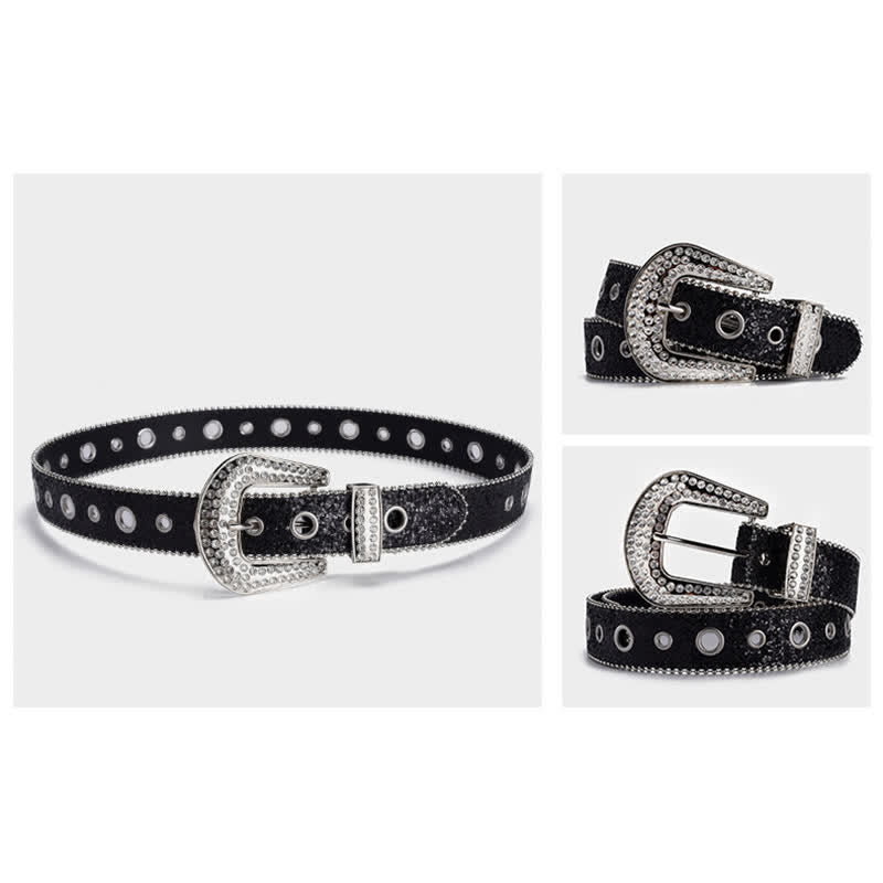 Dazzling Sequin Rhinestone Buckle Leather Belt