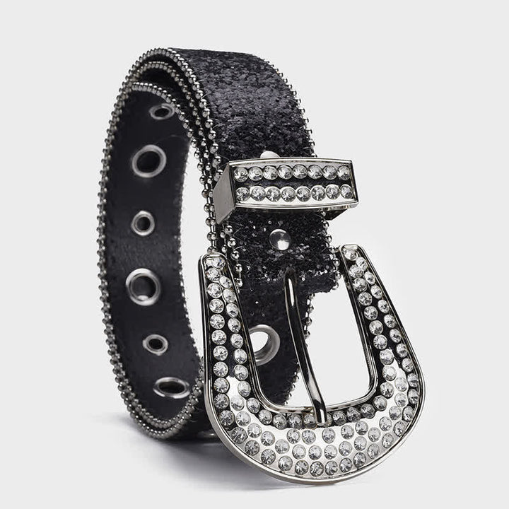 Dazzling Sequin Rhinestone Buckle Leather Belt