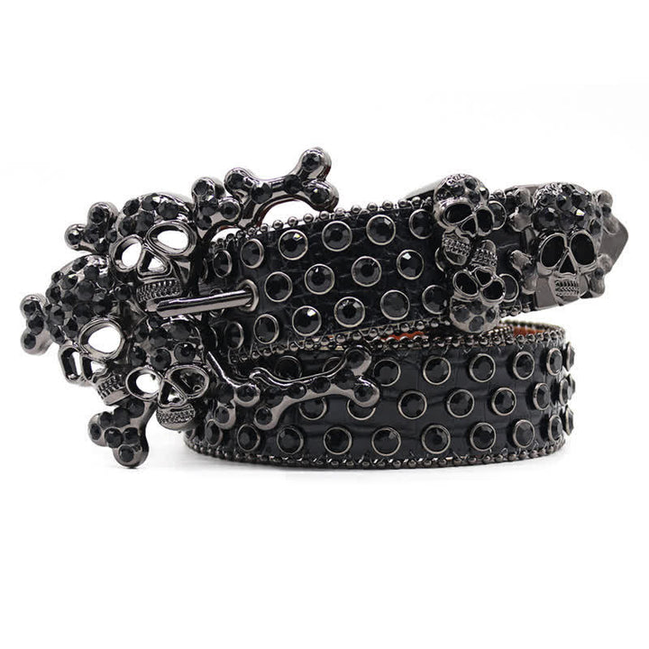 Black Skull Shape Buckle Rhinestone Studded Leather Belt