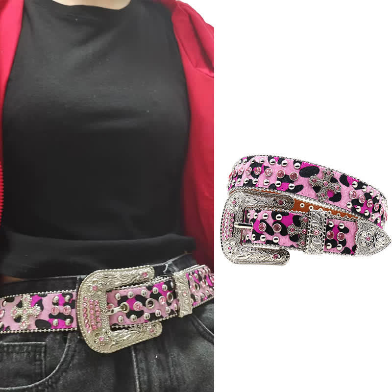 Cross Rivet Studded Bling Rhinestone Leather Belt