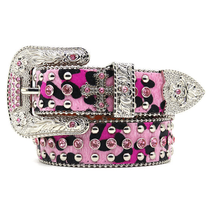 Cross Rivet Studded Bling Rhinestone Leather Belt