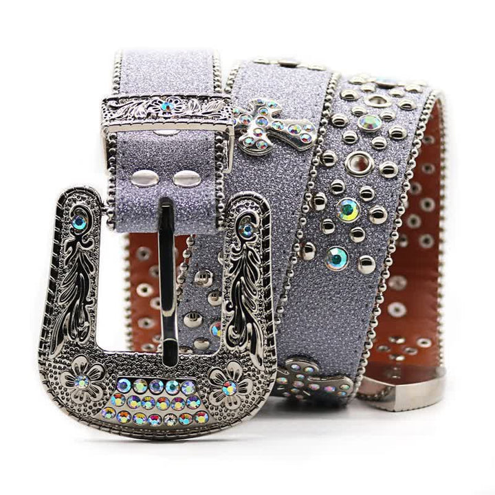 Flower Carved Buckle Rhinestone Rivet Leather Belt