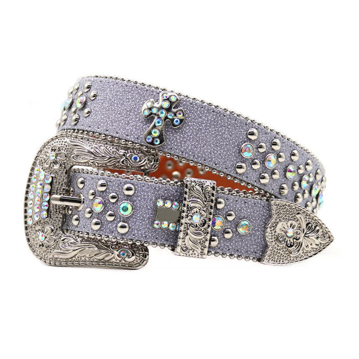 Flower Carved Buckle Rhinestone Rivet Leather Belt