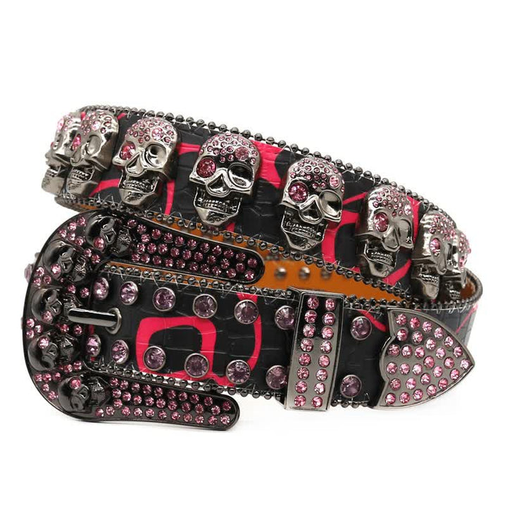 Skull Inlaid Design Rhinestone Rivet Leather Belt