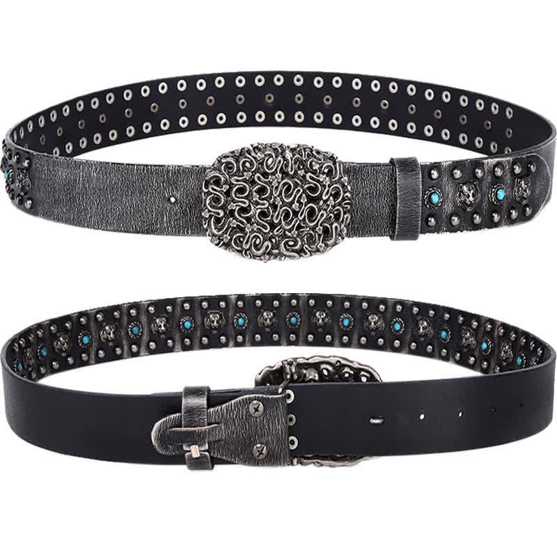 Tiger Head Faux Turquoise Gem Rivet Leather Belt