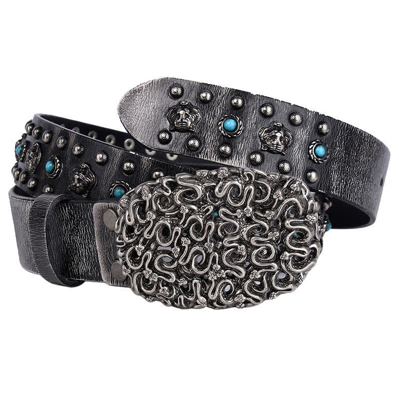 Tiger Head Faux Turquoise Gem Rivet Leather Belt