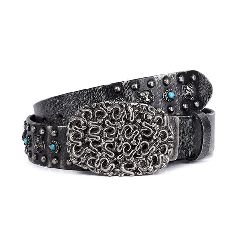 Tiger Head Faux Turquoise Gem Rivet Leather Belt