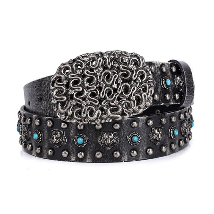 Tiger Head Faux Turquoise Gem Rivet Leather Belt