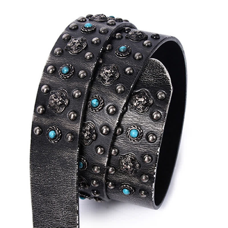 Tiger Head Faux Turquoise Gem Rivet Leather Belt