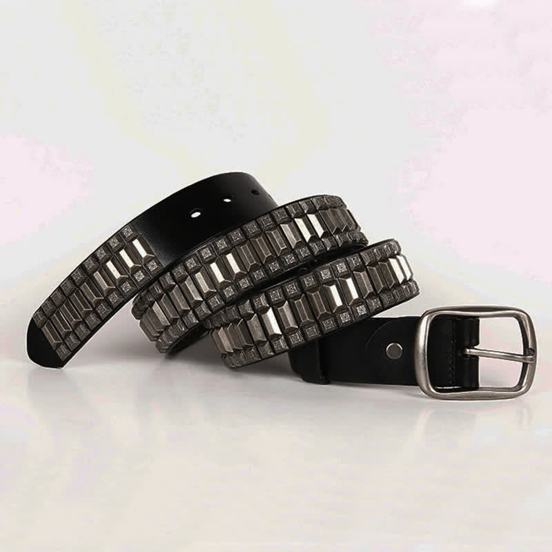 Vintage Geometric Metal Rivet Studded Leather Belt