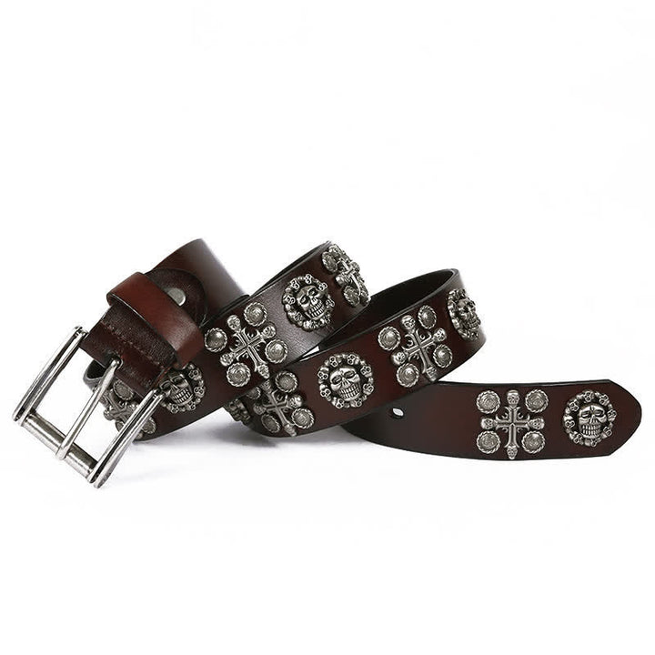 Heavy Metal Rivet Skull Cross Pattern Leather Belt