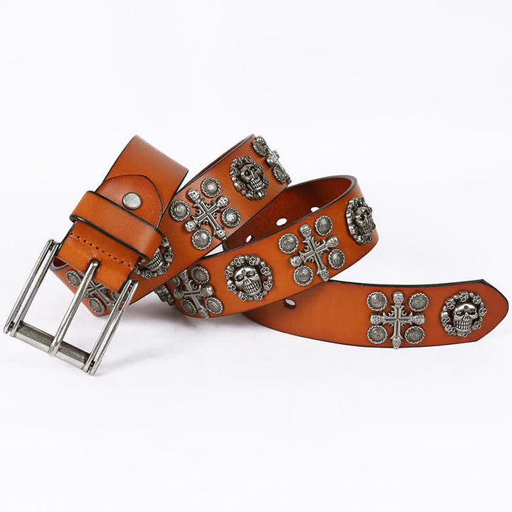 Heavy Metal Rivet Skull Cross Pattern Leather Belt