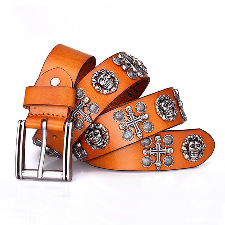 Heavy Metal Rivet Skull Cross Pattern Leather Belt