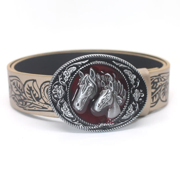 Red Enamel Horse And Colt Head Leather Belt