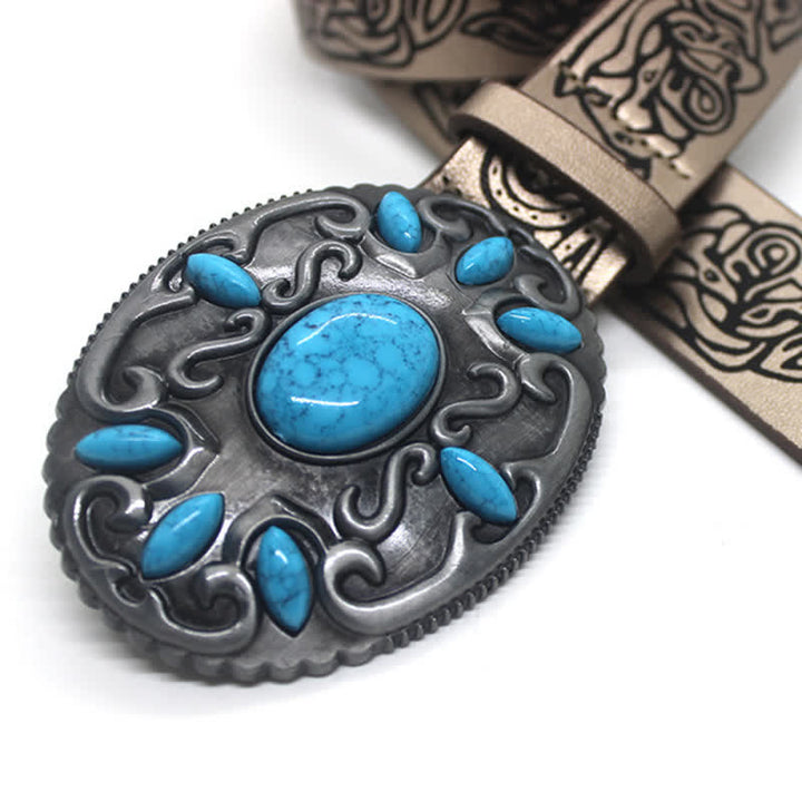 Floral Pattern Turquoise Stone Inlaid Leather Belt