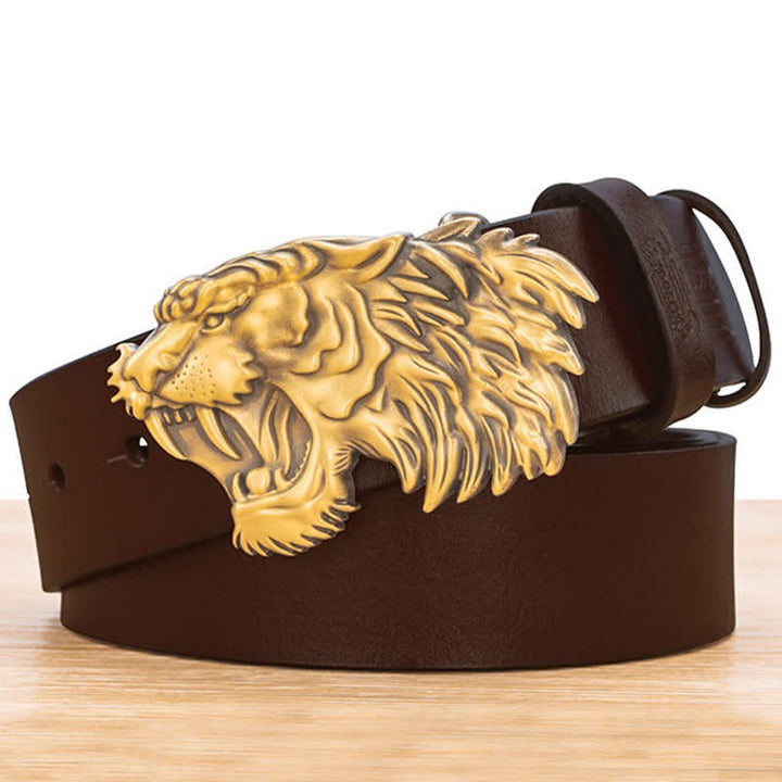 Copper 3D Bronze Tiger Head Buckle Leather Belt