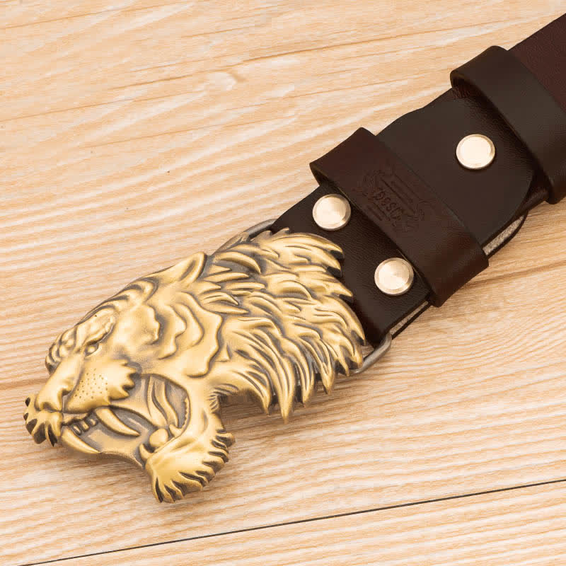 Copper 3D Bronze Tiger Head Buckle Leather Belt