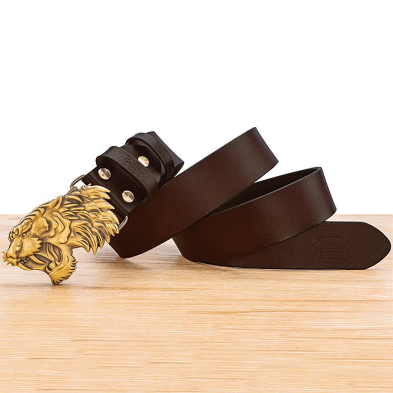 Copper 3D Bronze Tiger Head Buckle Leather Belt