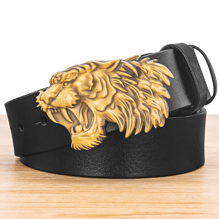 Copper 3D Bronze Tiger Head Buckle Leather Belt