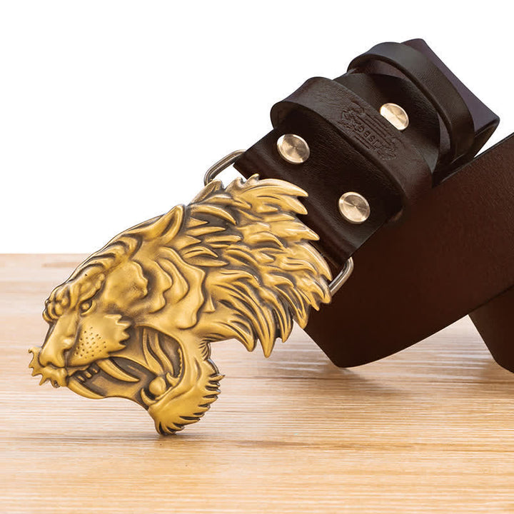 Copper 3D Bronze Tiger Head Buckle Leather Belt