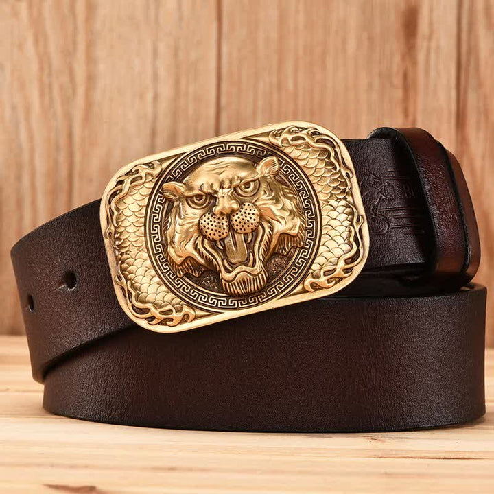 Fierce Tiger Head Copper Buckle Vintage Leather Belt