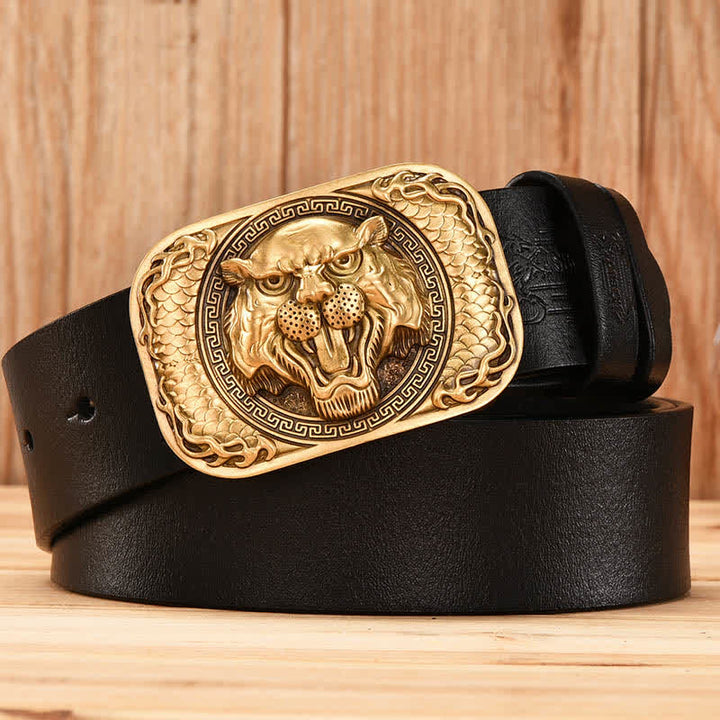 Fierce Tiger Head Copper Buckle Vintage Leather Belt