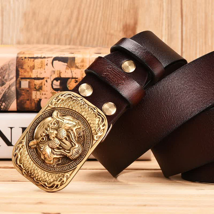 Fierce Tiger Head Copper Buckle Vintage Leather Belt