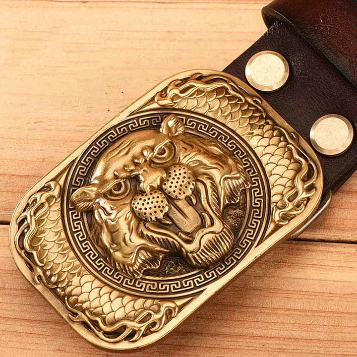 Fierce Tiger Head Copper Buckle Vintage Leather Belt