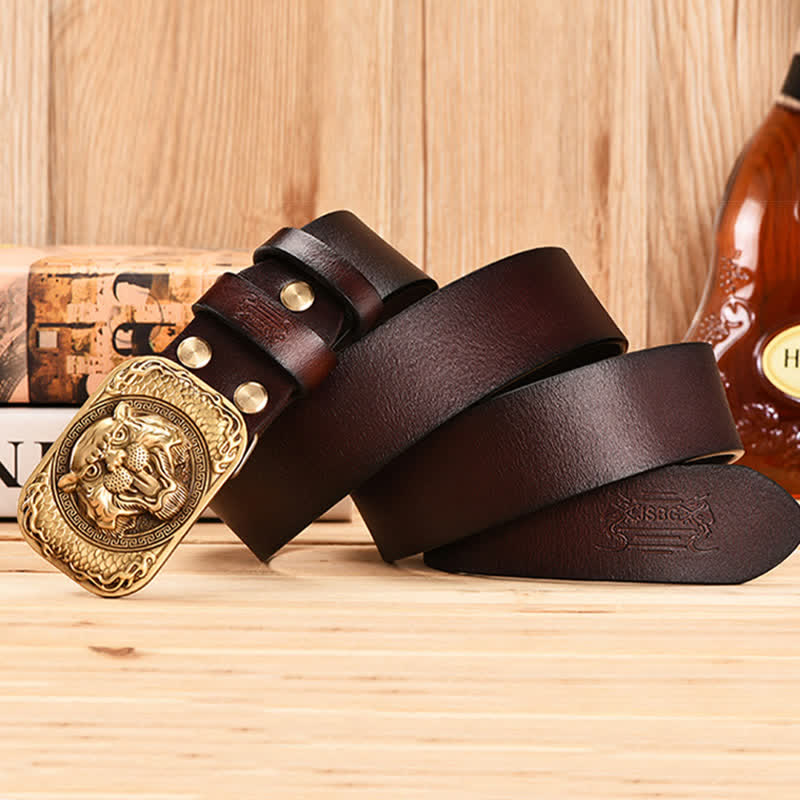 Fierce Tiger Head Copper Buckle Vintage Leather Belt