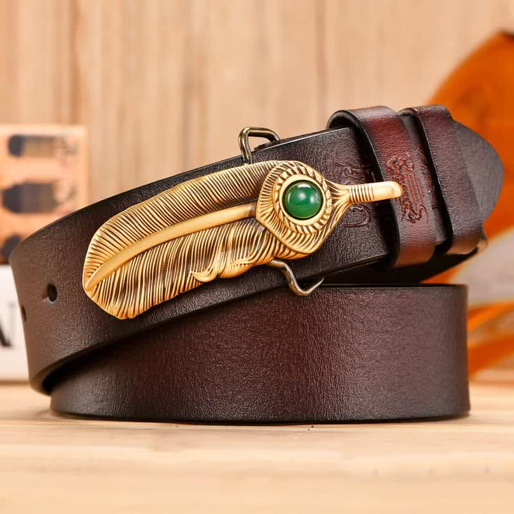 Feather-Shaped Faux Gem Copper Buckle Leather Belt