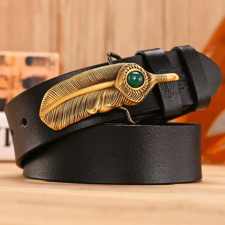 Feather-Shaped Faux Gem Copper Buckle Leather Belt