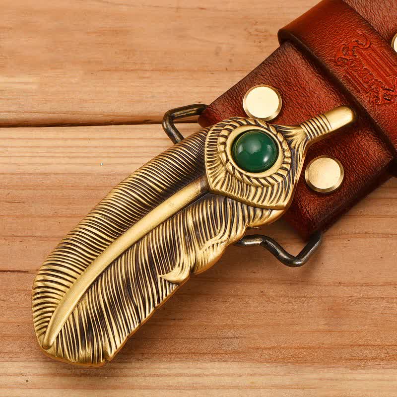 Feather-Shaped Faux Gem Copper Buckle Leather Belt